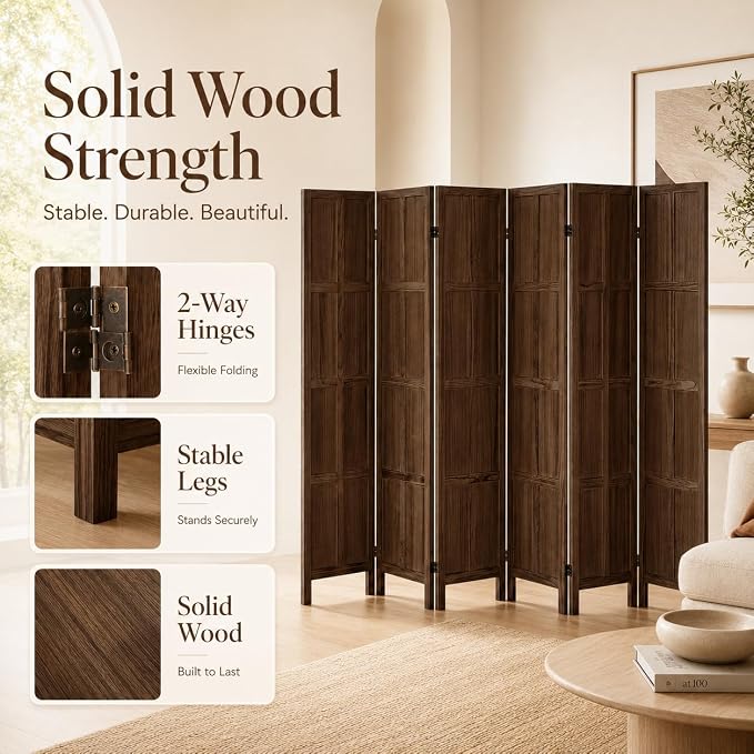 6 Panel Solid Wood Room Divider Folding Privacy Screen Brown | Freestanding - Image 3