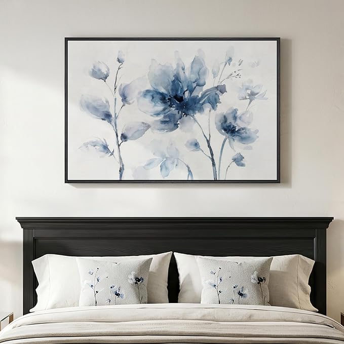 Framed Blue Floral Wall Art for Bedroom, Modern Botanical Canvas Painting Prints by Cuspin