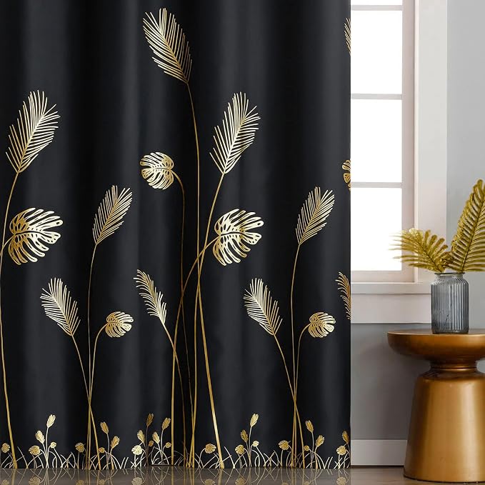 Palm Tree Leaf and Wheat Blackout Curtains Thermal Insulated Gold Print Light - Image 2