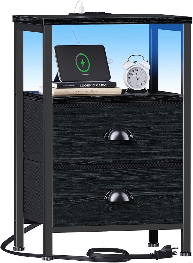 Furologee Night Stand with LED Light, Charging Station, 2 Drawer, 2 Fabric - Image 4