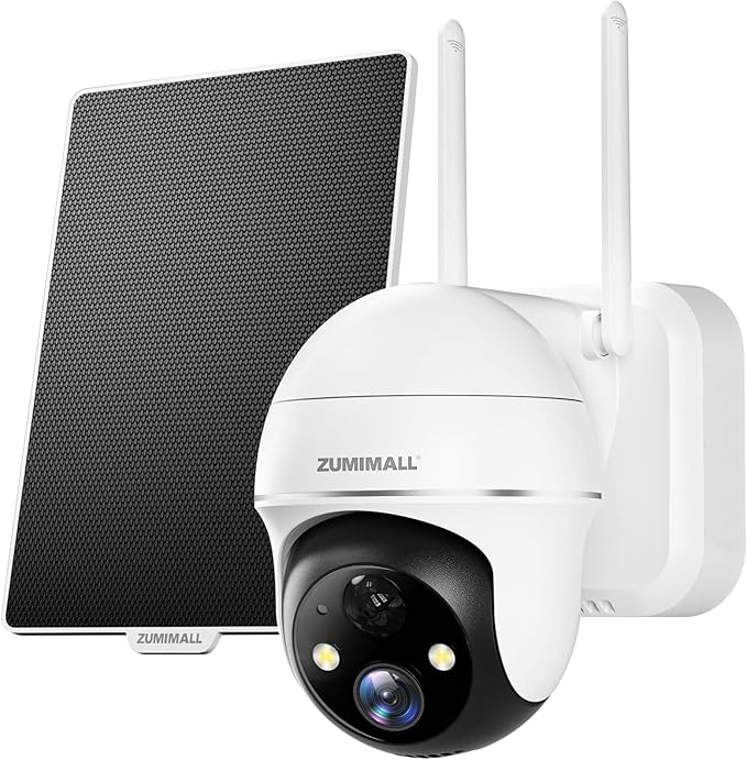 ZUMIMALL Solar Security Cameras Wireless Outdoor, 360° View Outdoor Camera Wireless Solar Powered,2.4G WiFi，2K/3MP Color Night Vision,2-Way Talk, PIR Motion Alert, Cloud Storage, Work with Alexa