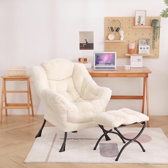 Welnow Lazy Chair with Ottoman, Reading Chair with Footrest, Plush Beige | A - Image 8