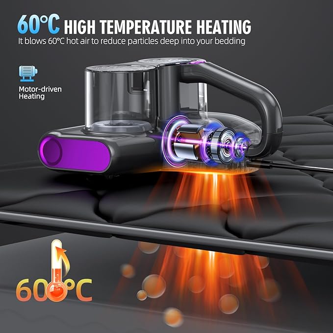 JPHYLL Mattress Vacuum Bed Vacuum Cleaner 16Kpa Suction 253.7nm UV-C Light, 140°F Heated Air, 30000 RPM Brushroll, Ultrasonic, HEPA Filter, Handheld Vacuums for Carpet/Sofa, 500W Corded, (Dark Gray)