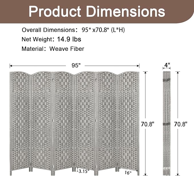 RHF Room Divider Panel, Partition Room Dividers, 6Panel Privacy Screen - Image 3