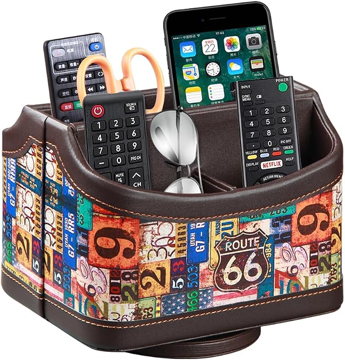 PU Leather 360° Rotatable Remote Control Holder, Nightstand TV Remote Caddy | by PUSU