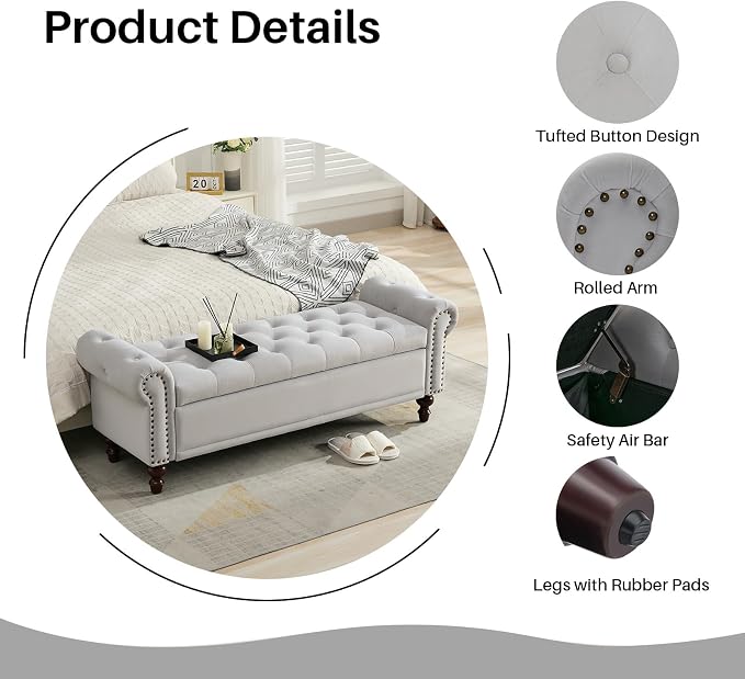 SOFTHION 58.1" Storage Bench for Bedroom, Velvet Upholstered, Light Grey | End - Image 4