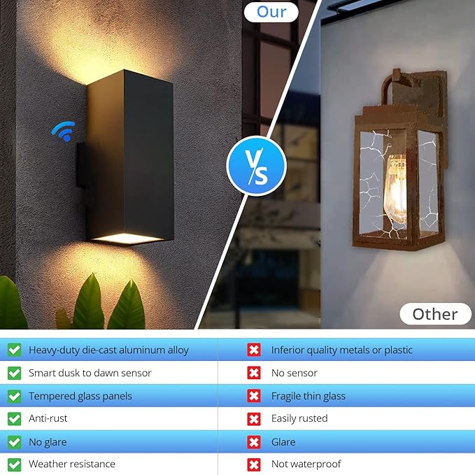 wowlite Outdoor Wall Lights Dusk to Dawn Sensor, 2700K Warm LED Up Down Sconce, IP65 Waterproof 13" Modern Square Matte Black Exterior Light Fixture Wall Mount for Porch Patio Garage, ETL Listed