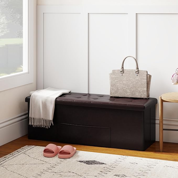 Giantex 43 Inches Folding Storage Ottoman Bench, Upholstered PU Leather Storage - Image 2