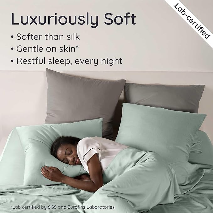 Bambaw 100% Viscose Derived from Bamboo Sheets Full Size Set – 4pcs Cooling Sheets for Hot Sleepers, Super Soft Full Size Sheet Set, with Elastic Corner Straps, Hotel Luxury Bedding (Sea Glass)