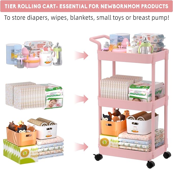 Volnamal Diaper Caddy, 3 Tier Rolling Cart - Image 3