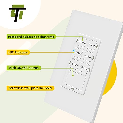 TG 12 Hour Timer Switch Neutral Wire Required for Patio, Path, Porch Lights and Sprinklers, 30min-12Hr, Wall Timer for Fan Motor and Ventilation, 1/2HP Support, Single Pole, UL Listed, TS-C12H, White