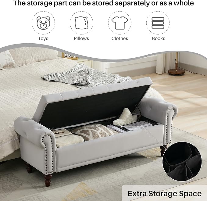 SOFTHION 58.1" Storage Bench for Bedroom, Velvet Upholstered, Light Grey | End - Image 3