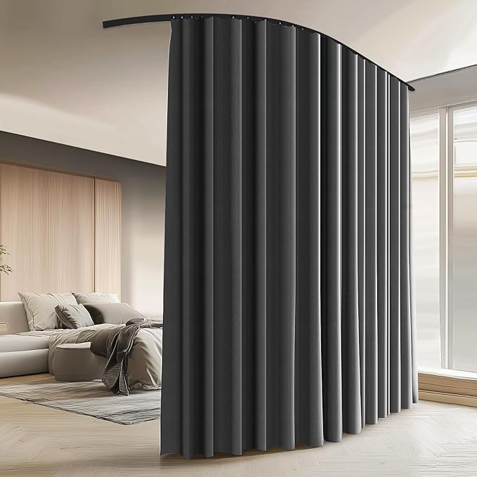 Room Divider Curtains with Ceiling Curtain Track Set Window Curtain for Bedroom,Living Room Total Blackout Thermal Insulated Privacy Ceiling Track Curtain W 15 × H 8 FT Deak-Grey drape&Black track