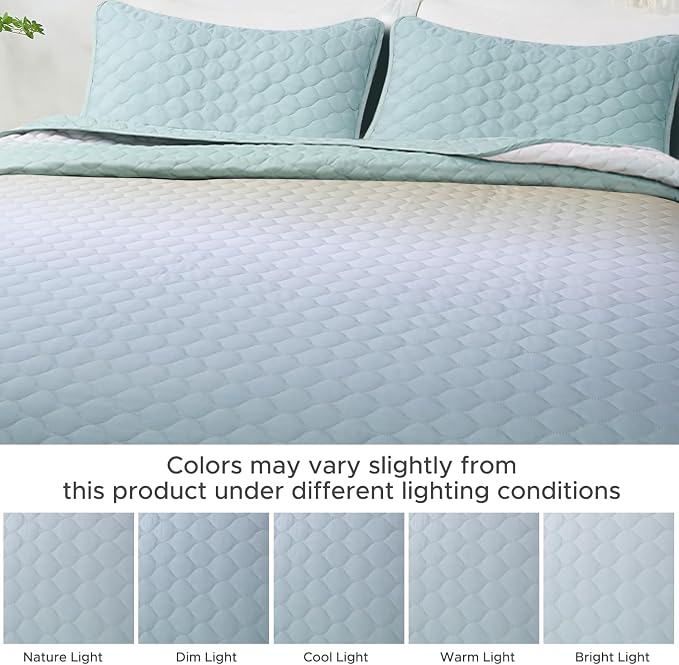 Quilt Set Full Queen Size 3 Piece, Gradient Green Pattern Printed Bedding - Image 5