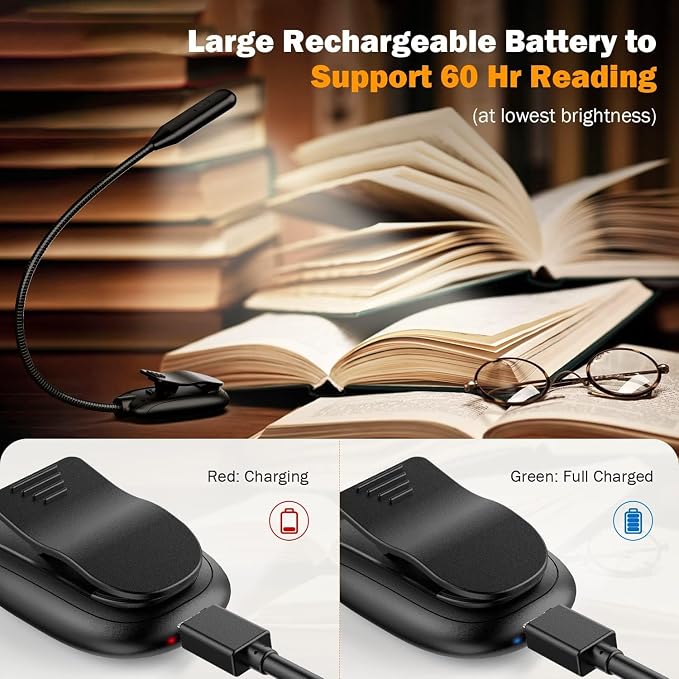 Mini Book Light, Rechargeable Up to 60 Hours, 9-Level Brightness, Easy Clip On - Image 4