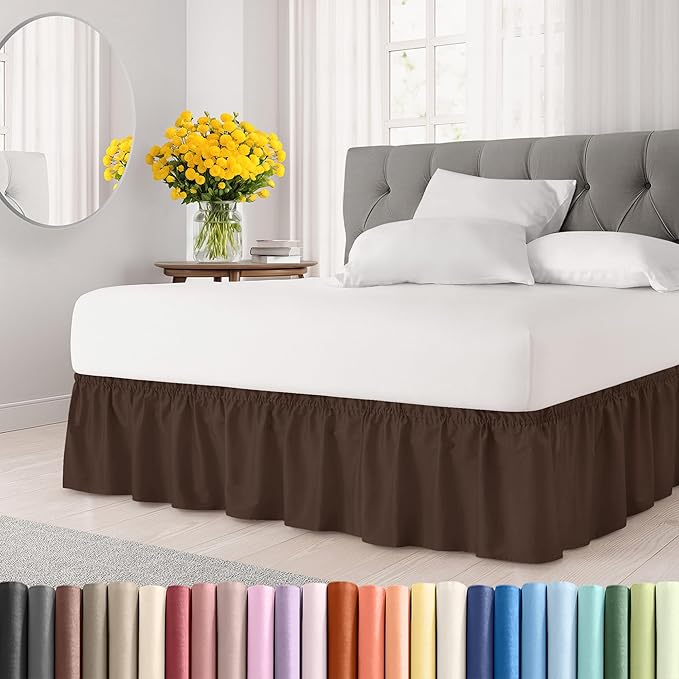 Wrap Around Dust Ruffle Bed Skirt - Brown - Twin/Twin XL Size Beds with 12 Inch Drop - Easy Fit Elastic Strap - Adjustable Pleated Bedskirt w/Brushed Fabric - Wrinkle Free - Women, Men, Kids & Teens
