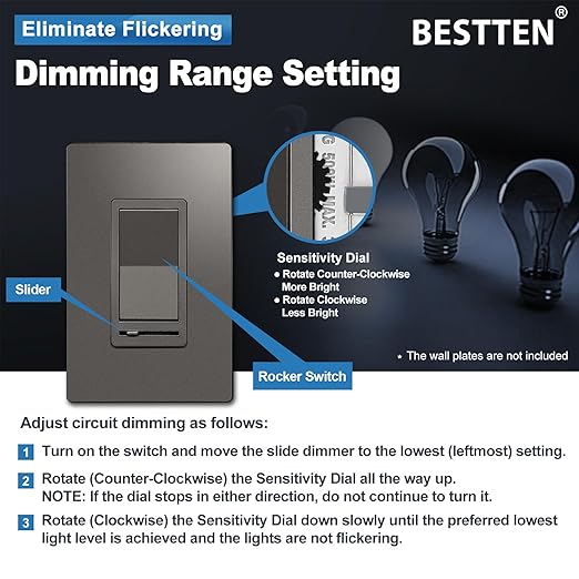 BESTTEN 10 Pack Matte Brown Dimmer Light Switch, Single Pole or 3-Way, Compatible with Dimmable LED, CFL, Incandescent and Halogen Bulb, 120VAC, UL Listed