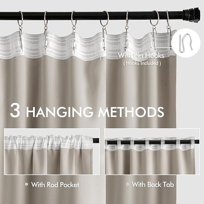 MIULEE Natural Back Tab Blackout Curtains 52x120 Inch Long 2 Panels Set | Rod - Image 3