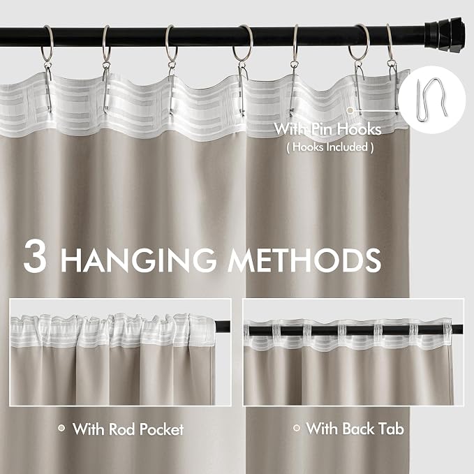 MIULEE Natural Back Tab Blackout Curtains 52x90 Inch Long 2 Panels Set | Rod - Image 3