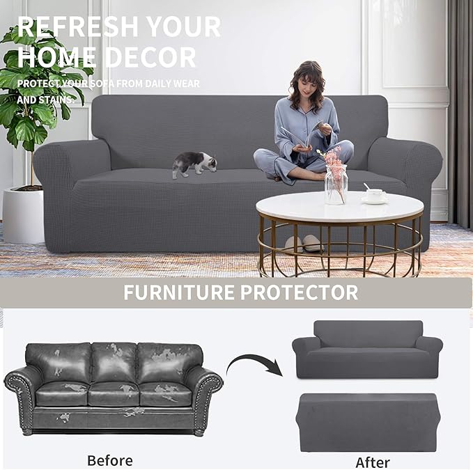 Easy-Going Stretch 4 Seater Sofa Slipcover 1-Piece Sofa Cover Furniture Protector Couch Soft with Elastic Bottom for Kids, Polyester Spandex Jacquard Fabric Small Checks Gray