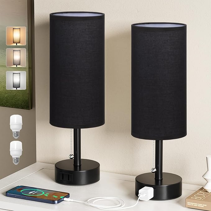 Black Bedside Table Lamps Set of 2 - Image 2