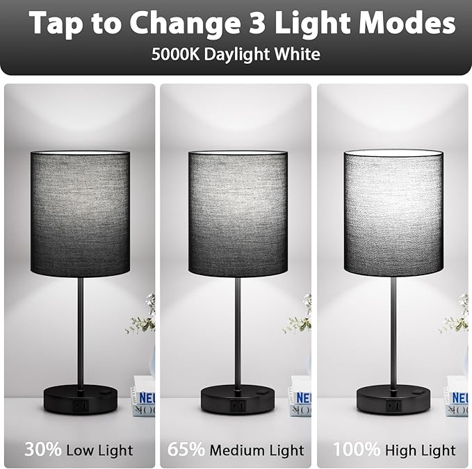 17.6" Black Touch Lamps for Bedroom Set of 2 - Image 3