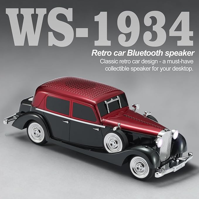 WSTER Vintage Car Bluetooth Speaker, Retro Classic Model with Powerful Sound, Built-in Mic, TWS Dual Pairing, Multi-Interface Output, Portable Wireless Outdoor Speaker for Parties & Beach (RED)