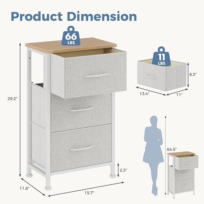 DUMOS 3 Drawer Nightstand for Bedroom, Small Night Stand Chest of Drawers | - Image 3
