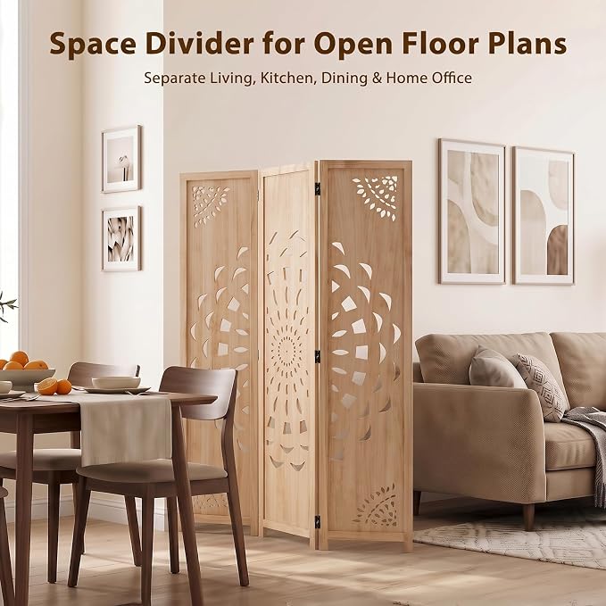 3 Panel Room dividers, 66.9" Boho Double-Sided Carved Screen, Natural | - Image 7