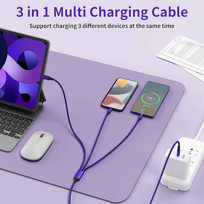 USB C Multi Charging Cable, (2 Pack 4FT), 3 in 1 Charging Cable Nylon Braided Universal Charger Cable with Type-C, Micro USB,IP Port for iPhone16/15 Series/Cell Phones & Pads and Other Devices-Purple