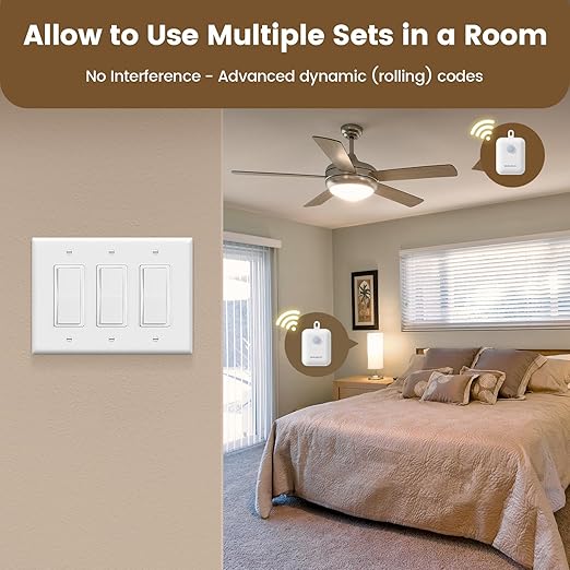 SURAIELEC 3-Way Wireless Remote Control Light Switch & Receiver Kit, 15A RF Wall Switch, 100ft Range, Ultra-Thin Design, Push-in Wiring, Expandable System for Lighting, Lamp (Neutral Wire Required)
