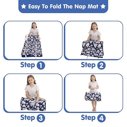 Viviland Toddler Kid Nap Mat for Preschool, Girls Deep Blue Bear Slumber Bag, Daycare Sleeping Bag with Pillow and Blanket, Kindergarten Sleep Mat