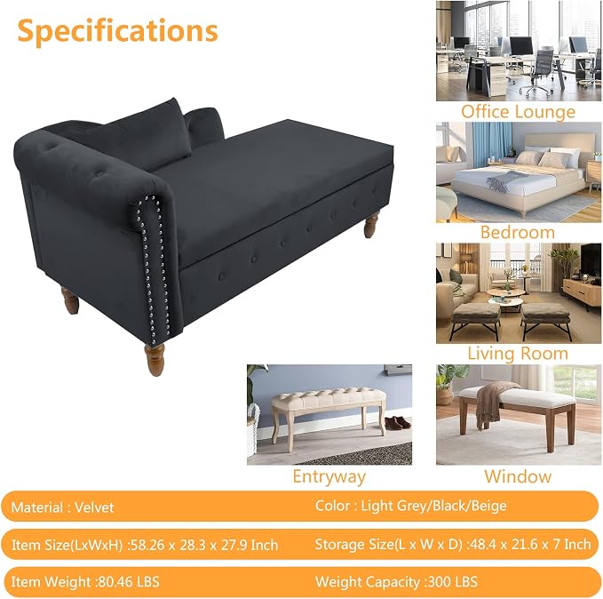 Aoowow Velvet Bedroom Storage Bench End of Bed, Rolled Arm Couch Indoor Chaise - Image 2
