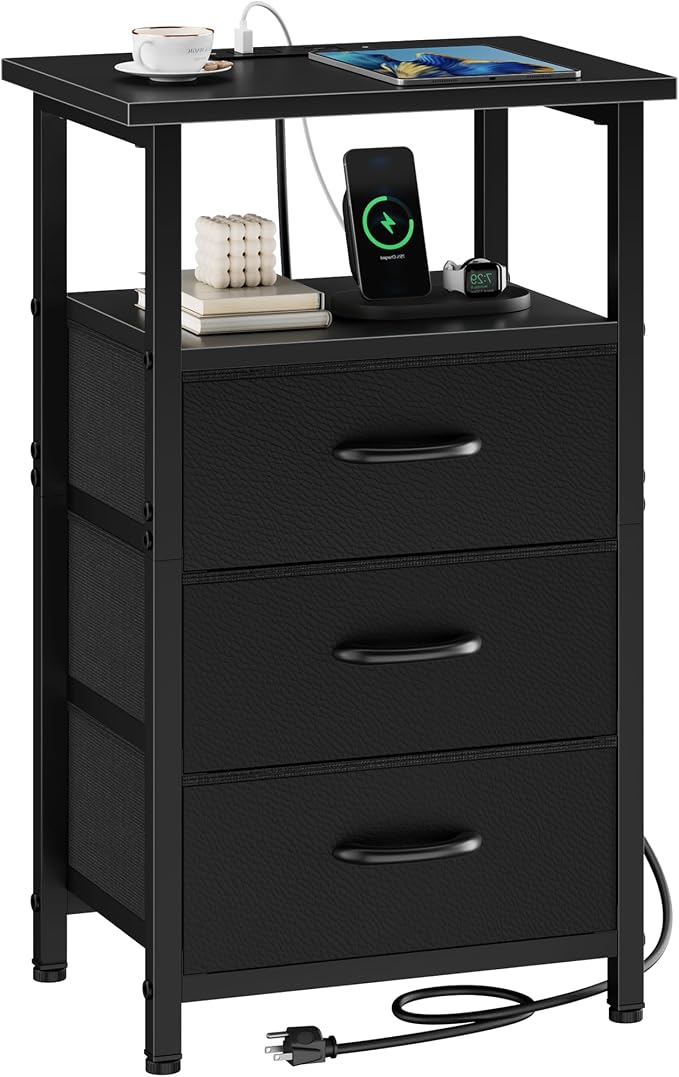 Nightstand with Charging Station, Bedside Table with USB Ports and Outlet by Vagusicc