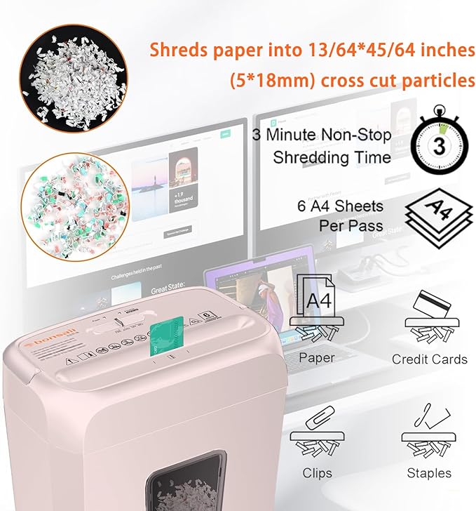 Bonsaii Compact Design for Business Paper Shredder, 6-Sheet Cross-Cut, Credit Card Shredder, Home Office, Handle for Document, Mail, Staple, 3.4 Gal Wastebasket, Pink