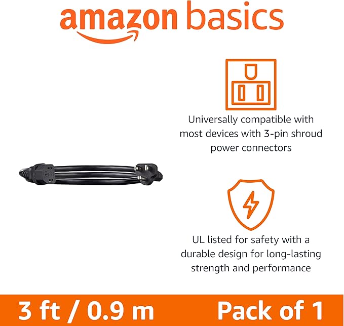 Amazon Basics PC Power Cord, 3 feet, AC Power Cord for Monitor, Computer, TV, 3 Prong, 18 AWG, 125 Volts, Black