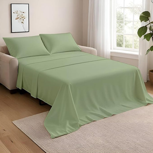 NON Sticky cotton Queen Size Sleeper Sofa Sheets, 4 Piece Egyptian Cotton Bed Sheet Set for Sofa Bed, 7" Deep Pocket for Pull Out Couch Mattress, 60" x 75", Sage Solid, Soft & Breathable