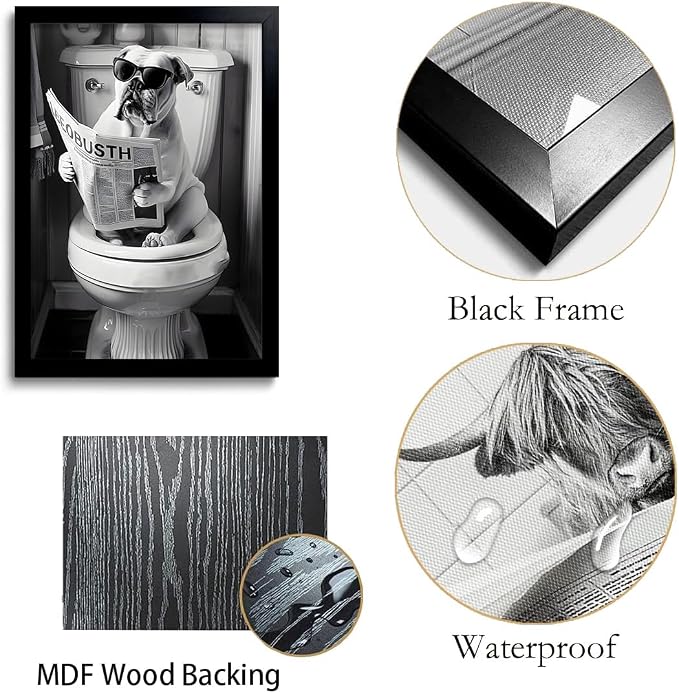OIQArtOIQ Funny Bathroom Framed Wall Art Black and White Animal Canvas Wall Art - Image 7