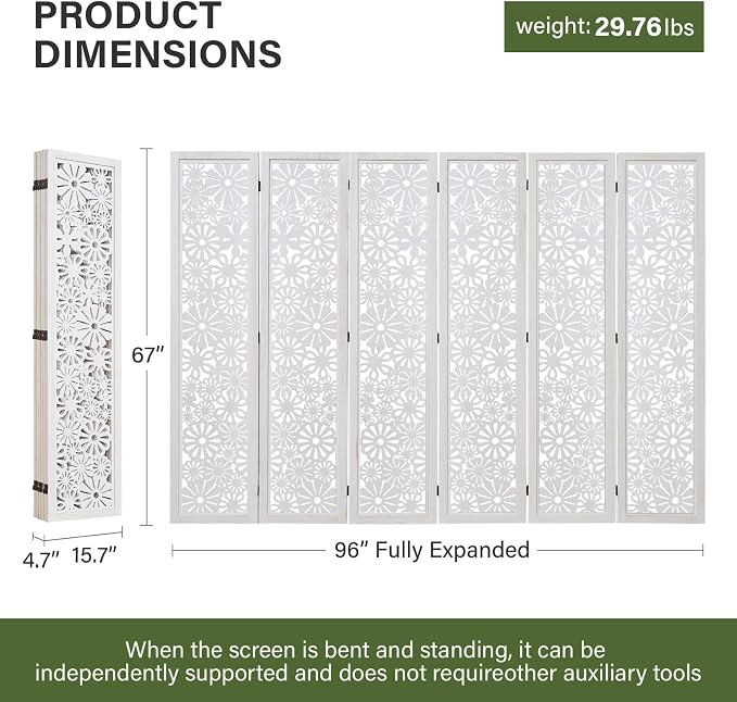 Folding Wood Room Divider Panel, 67 Inch Tall Daisy-Carved Privacy Screen - Image 4