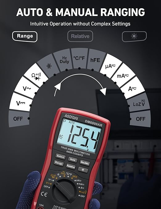 AstroAI Digital Multimeter TRMS 6000 Counts Volt Meter Ohmmeter Auto-Ranging Tester; Accurately Measures Voltage Current Resistance Diodes Continuity Duty-Cycle Capacitance Temperature, Black