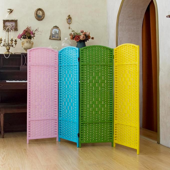 Compact 4 Panel Short Room Divider, 47.2 Inch Tall Double-Sided Rattan Folding by PawlaBay