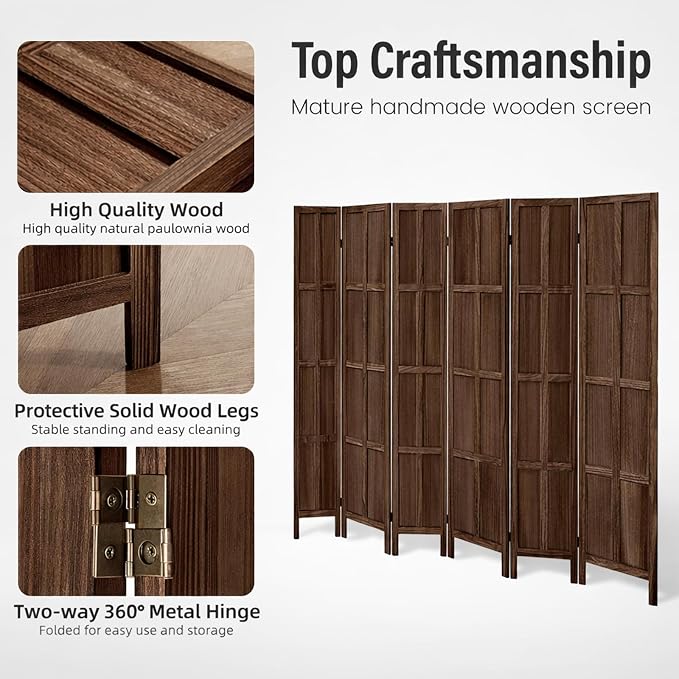 6 Panel Wood Room Divider and Folding Privacy Screen 67″, Freestanding Wall - Image 5