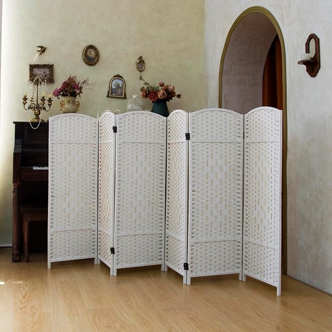Compact 6 Panel Short Room Divider, 47.2 Inch Tall Double-Sided Rattan Folding by PawlaBay