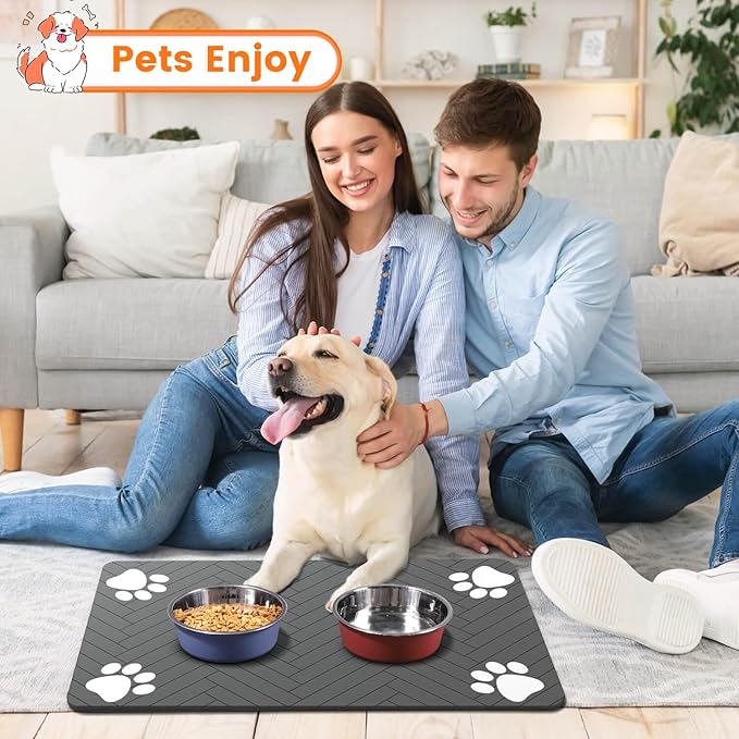 Pet Feeding Mat-Absorbent Pet Placemat for Food and Water Bowl, with Waterproof Rubber Backing, Quick Dry Water Dispenser Mat for Dog and Cat (20"x12", Striped Dark Gray)