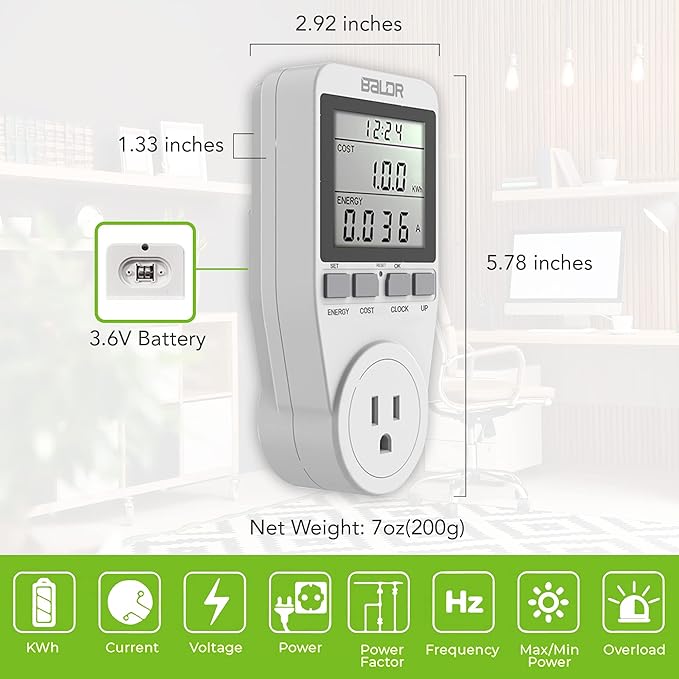 BALDR U.S. Electricity Usage Monitor for Home - Appliances Kilowatt Meter Sockets - Wattage Meter Plug In to Measure Energy Usage - Home Energy Monitor with Easy to Read Display - Single Tariff