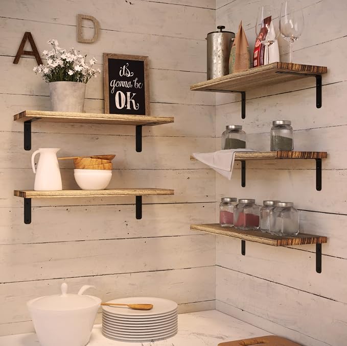 RICHER HOUSE Rustic Wood Floating Shelves Set of 5, Wall Mounted Shelf 16in | - Image 6