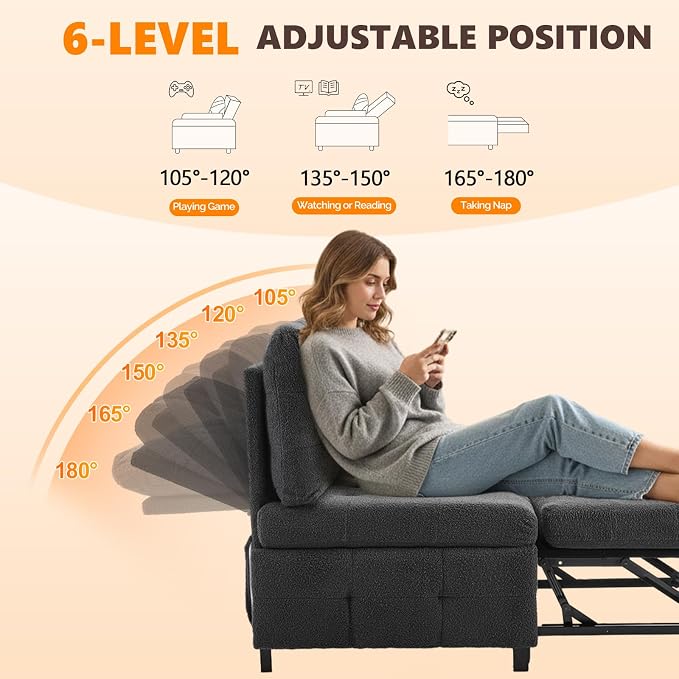 VINGLI Convertible Sofa Bed Tufted Teddy Fleece Sleeper Chair Bed Couch Armless - Image 5