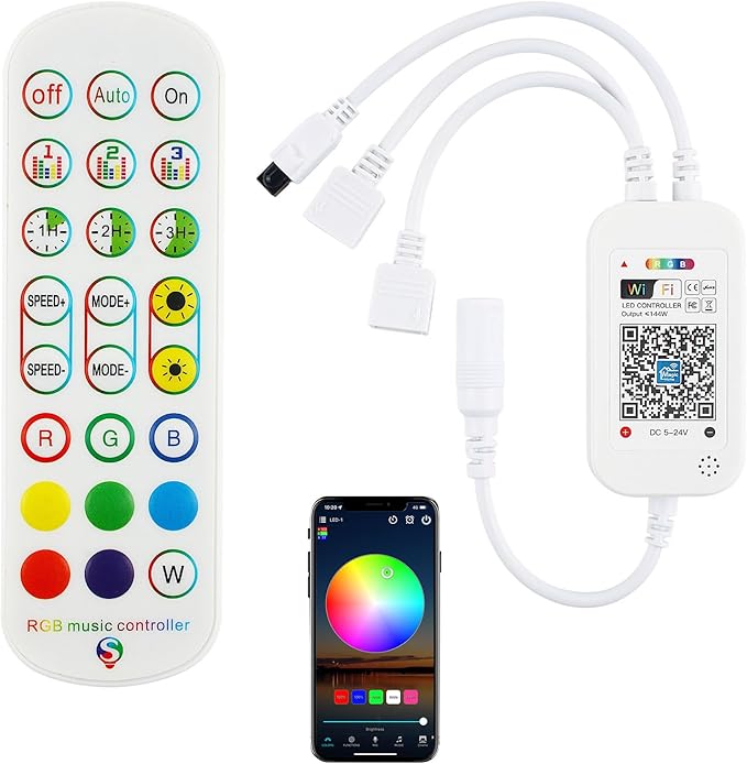 Taoellen Smart WiFi & IR Dual-Control RGB LED Controller - 2.4GHz/Infrared Wireless, 2-Channel 4-PIN Output with Music Sync, Compatible with 5050/3528 LED Strips