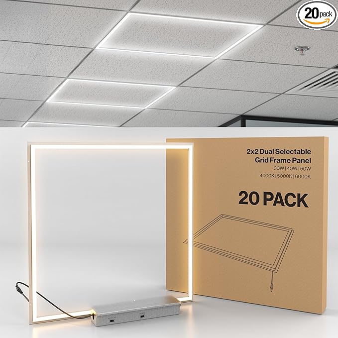Sunco 20 Pack 2x2 Edge-Lit Frame LED Panel Lights, Drop Ceiling Flat Light Fixture, 5500 LM, Selectable Features, 30W/40W/50W, 4000K/5000K/6000K, Dimmable (0-10V) ETL