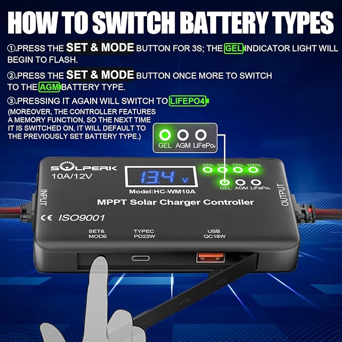 SOLPERK MPPT 10A 12V Solar Charge Controller with LCD Display, Solar Panel Charge Controller with Type-C and USB Output for Solar Panel Regulator Gel AGM Lead-Acid Lithium LiFePO4 Battery